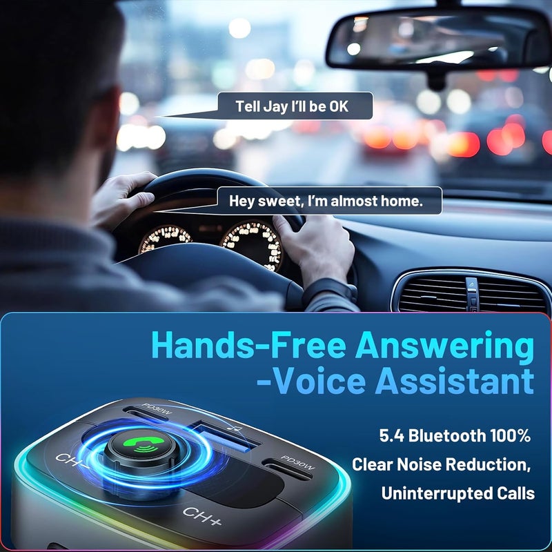 HUNDRUP Bluetooth 5.4 Car Adapter 60W Charging USB Bluetooth Adapter for Car,Wireless Fm Transmitter Radio,Handsfree Calling and Audio Receiver,HiFi Music Player,7 Colors LED Backlit - Image 5
